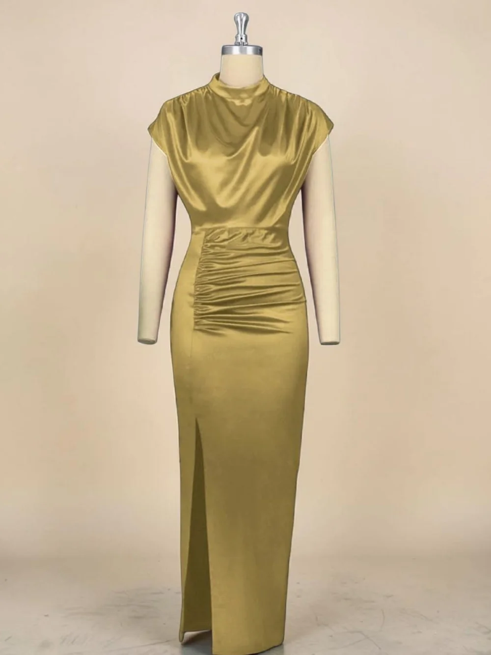 AOMEI - Size 20 (US Size) Gold Satin Ruched Midi Dress with Side Slit - Picture 4 of 12